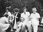 Myrtle Maclagan with unidentified players at Cricket Week 1949 from her photo album